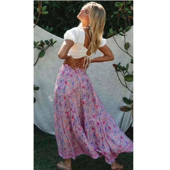 Boho Colorful Pink Floral Print Tassel Maxi Skirt - Picture 6 of 8